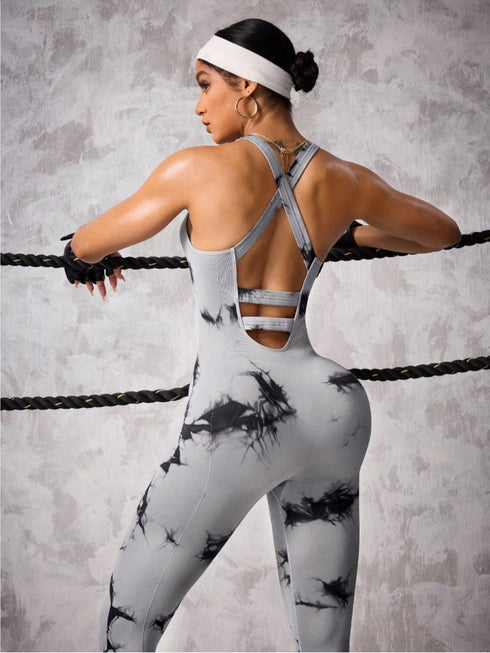 Back Crisscross Tie-Dye Scoop Neck Active Jumpsuit - Odaingerous